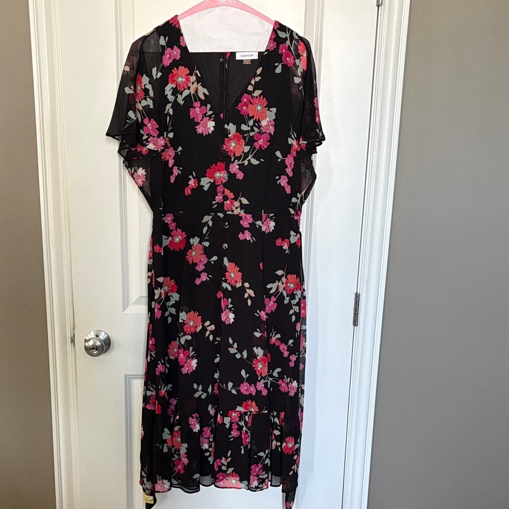 Calvin Klein Black Dress with Red and Pink Floral Pattern